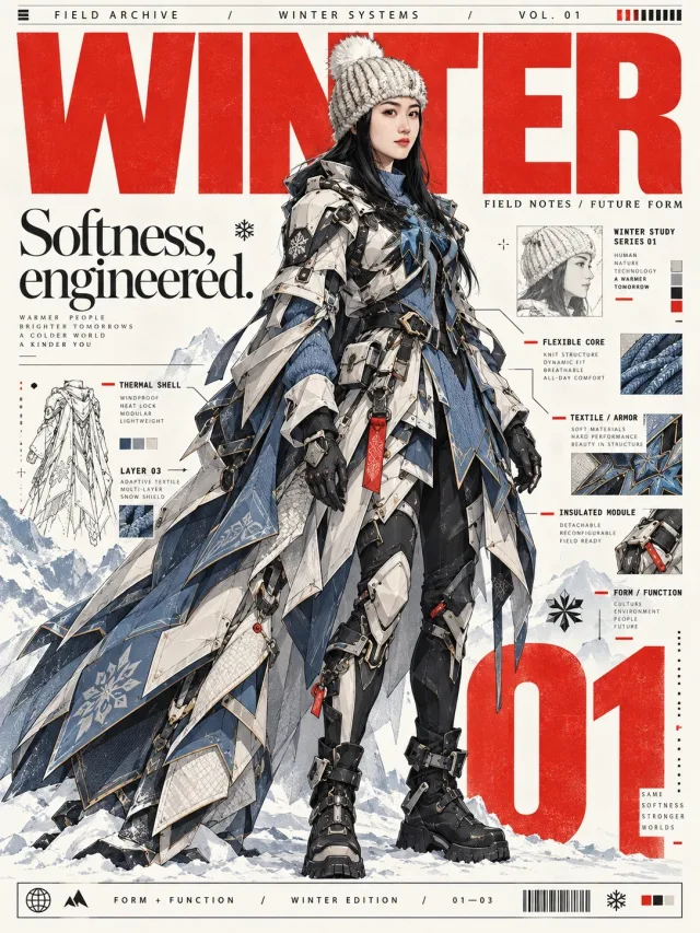 ChatGPT's poster: the woman as a full-length figure in white and blue winter armor on snow, in front of the giant red word WINTER