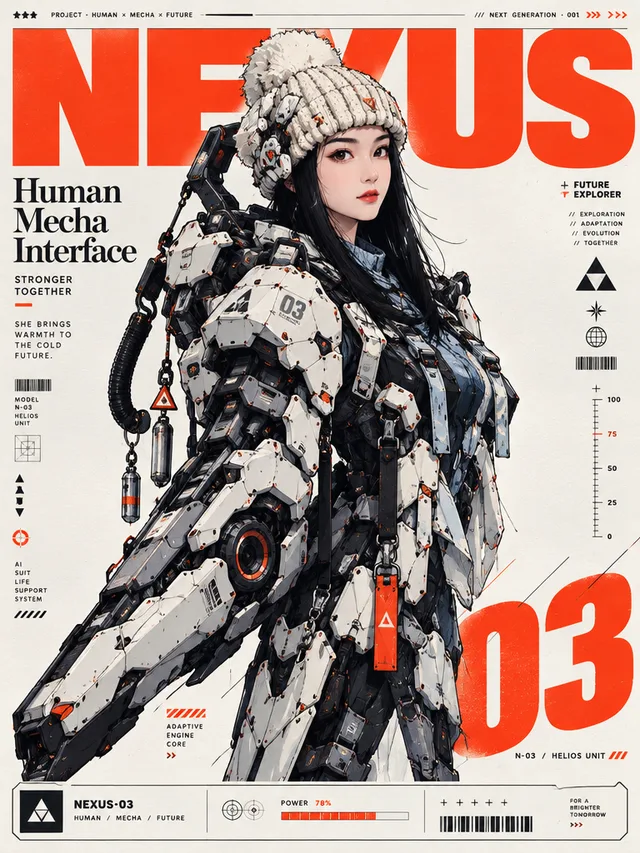 Flare's poster: the woman in the same beanie wearing white mech armor with one huge mechanical arm, in front of the giant word NEXUS, with a big red 03