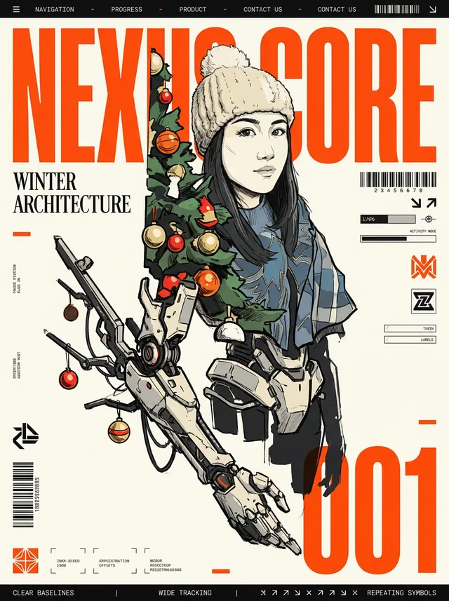 Nano Banana Pro's poster: a line-drawn portrait of the woman in her beanie with a Christmas tree and a mechanical arm, under the words NEXUS CORE and WINTER ARCHITECTURE