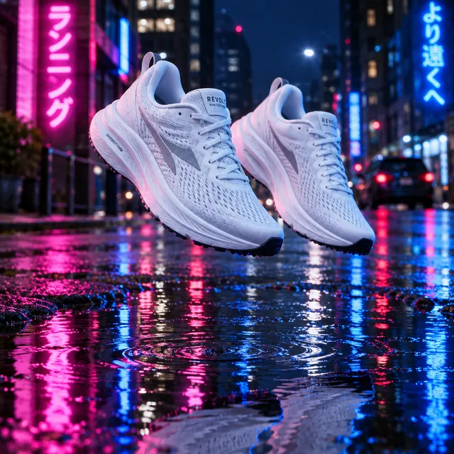 GPT Image 2.5 Flare: white running shoes floating above a puddle on a neon-lit city street at night