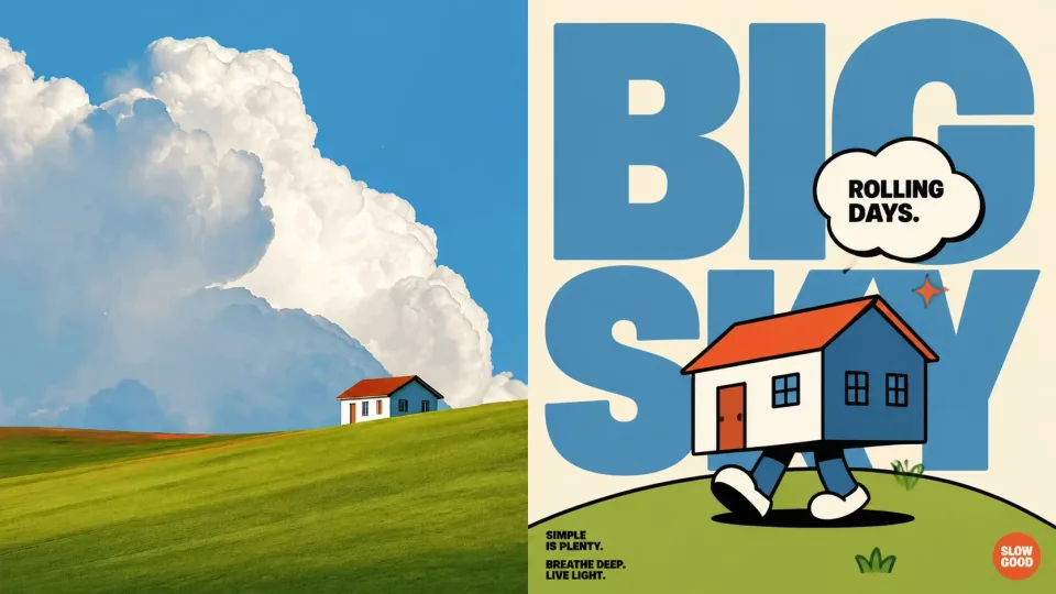 The owner's ChatGPT result from the same prompt: the photo beside the walking house mascot in front of huge blue letters reading BIG SKY, with a cloud bubble saying Rolling days.