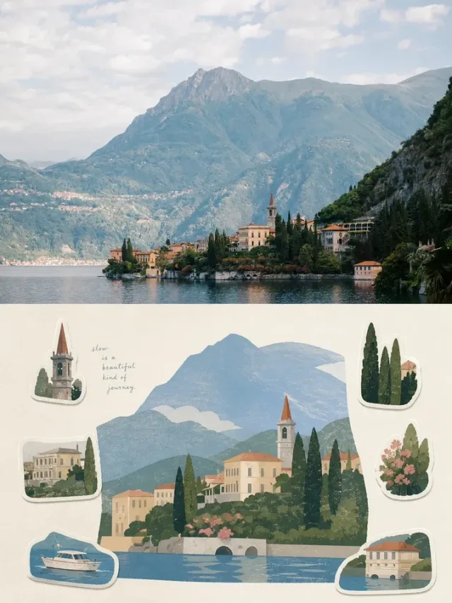A ChatGPT poster from the memory prompt: a lakeside village under steep mountains, rebuilt below in soft gouache with stickers of a church tower, cypress trees and a boat