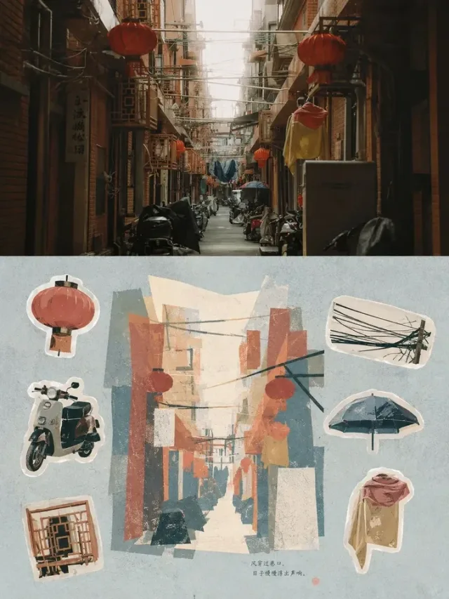 A ChatGPT poster from the memory prompt: a narrow street hung with red lanterns, rebuilt below in cut paper with stickers of a lantern, a scooter and other details