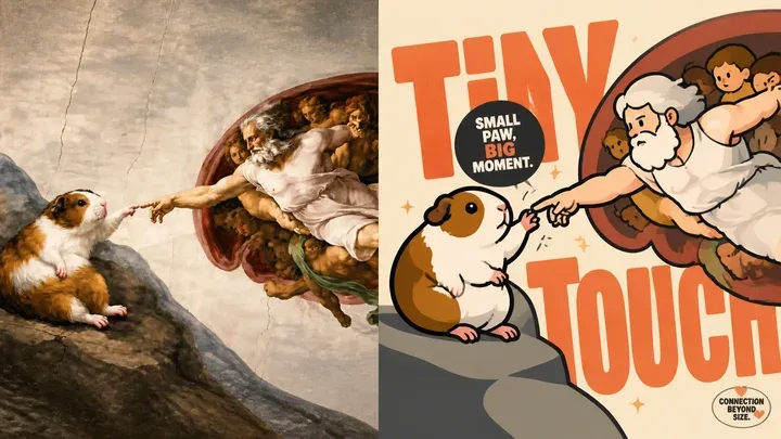 A ChatGPT poster from the mascot prompt: a guinea pig reaching up like the Creation of Adam, beside a flat cartoon of the scene with the giant orange words TINY TOUCH