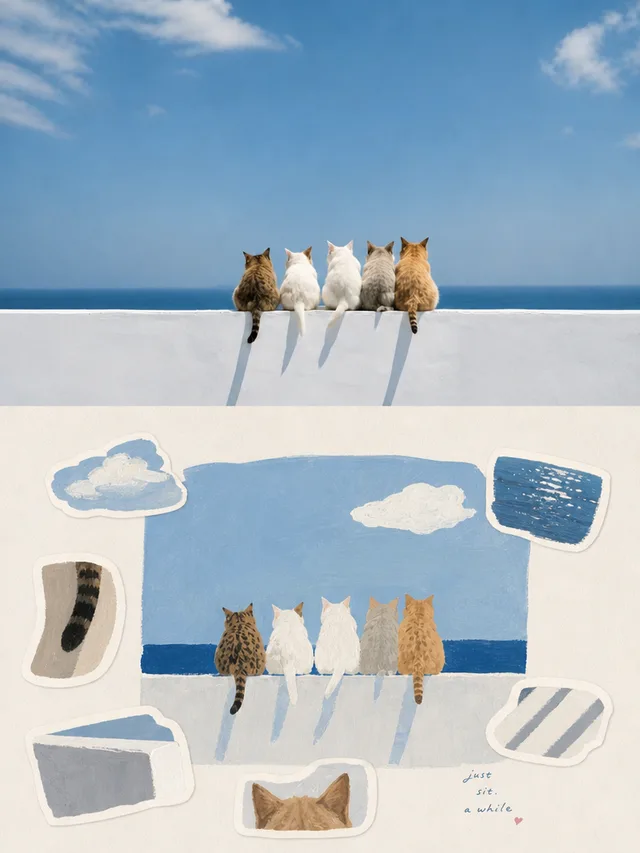 GPT Image 2 poster: the photo on top, and below it the five cats on the wall in flat gouache and cut paper, with stickers of a cloud, a patch of sea, a striped tail and a cat's head around it and the small words just sit a while