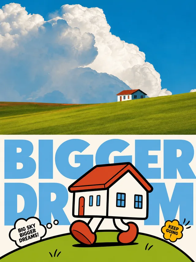 GPT Image 2 poster: the photo on top, and below it the house as a flat cartoon mascot walking over the hill in front of huge blue letters reading BIGGER DREAM, with bubbles saying Big sky, bigger dreams! and Keep going!