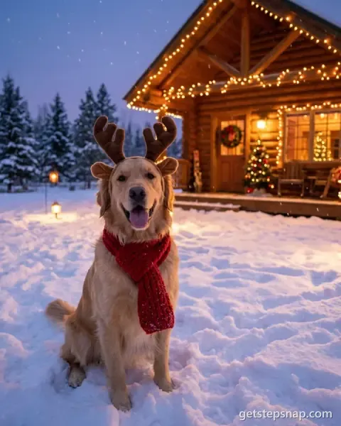 A golden retriever in a reindeer antler headband and red scarf sitting in snow in front of a cabin with Christmas lights. Made by GetStepSnap with Nano Banana 2.1.