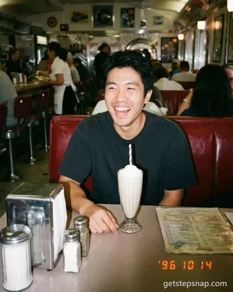 A 90s flash photo of a man laughing in a red diner booth with a milkshake and an orange date stamp. Made by GetStepSnap with Nano Banana 2.1.