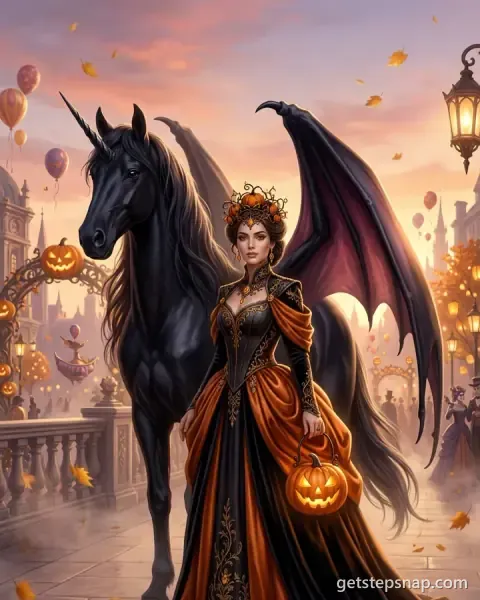 A pumpkin duchess with a jack-o'-lantern beside a black unicorn with bat wings at a Halloween parade. Made by GetStepSnap with Nano Banana 2.1.