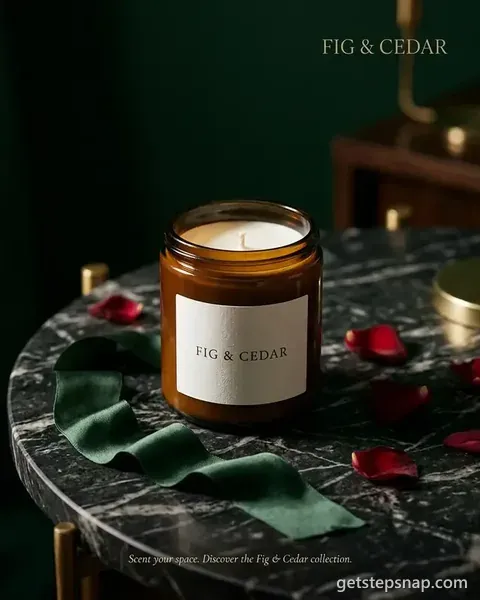 An amber candle jar labeled FIG & CEDAR on dark marble with rose petals, styled like a luxury magazine ad. Made by GetStepSnap with Nano Banana 2.1.