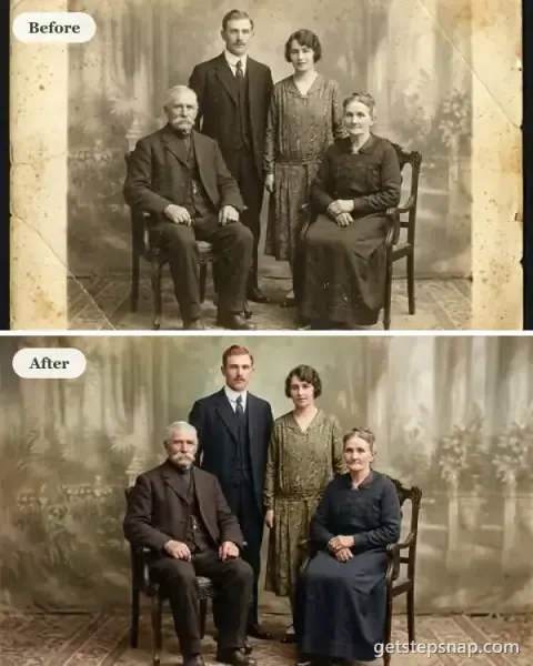 Before and after: a faded 1920s family portrait and the same portrait restored in color. Made by GetStepSnap with Nano Banana 2.1.