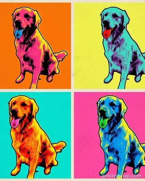 Four pop art prints of a golden retriever in orange, yellow, turquoise and pink. Made by GetStepSnap with Nano Banana 2.1.