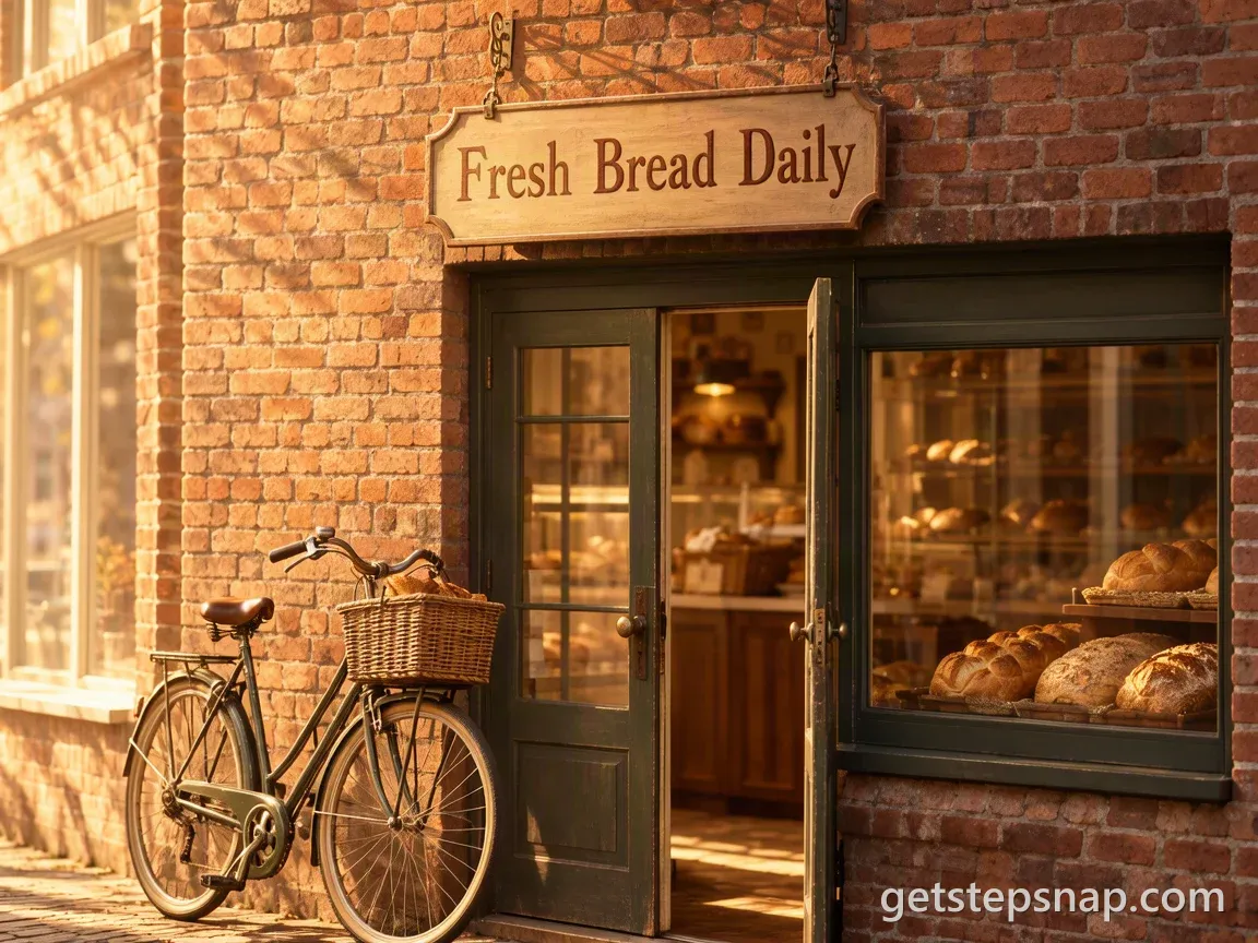 A wooden sign reading Fresh Bread Daily above a bakery door, loaves in the window and a bicycle against the brick wall. Made by GetStepSnap with MOSS Image.