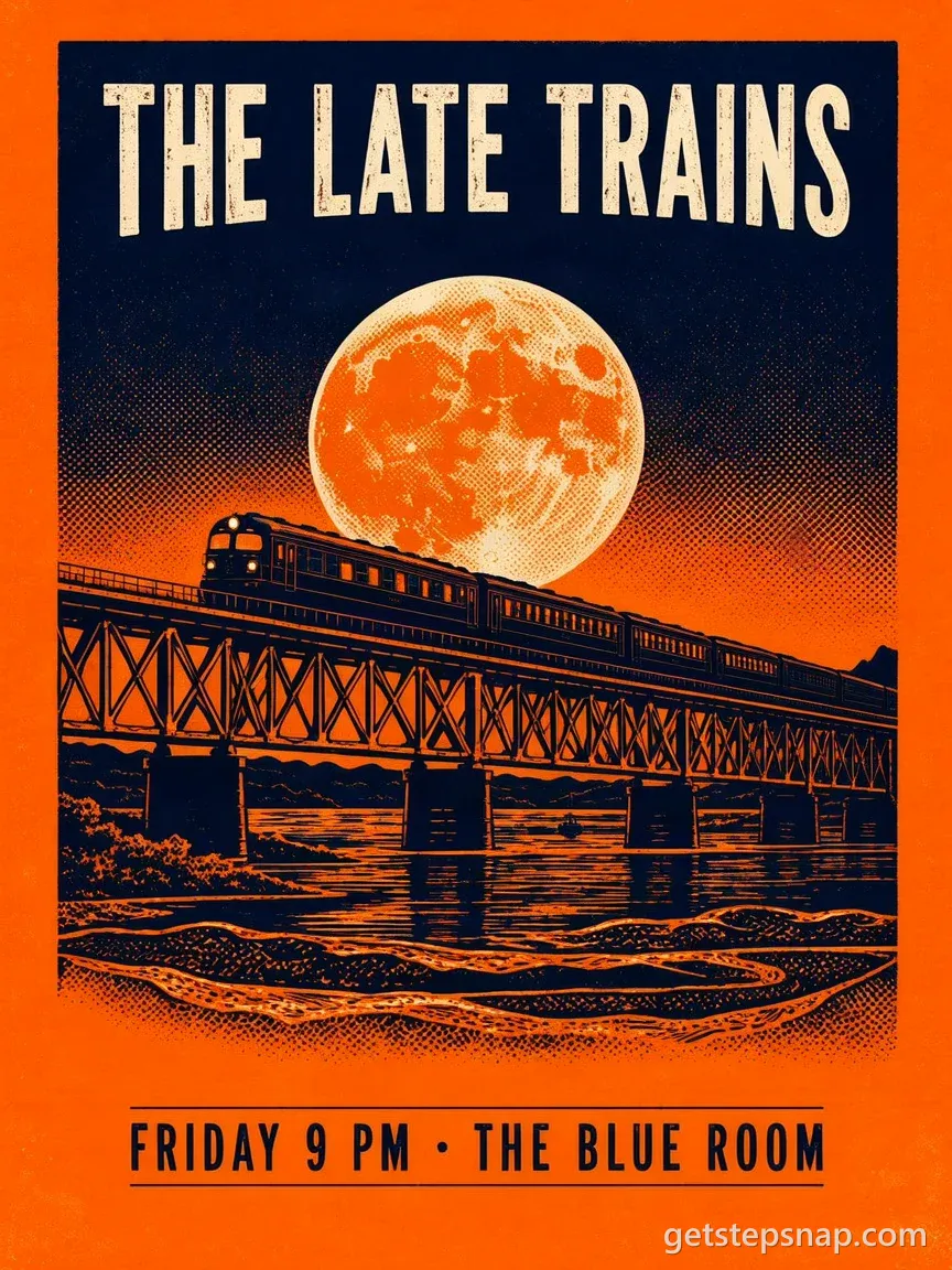 An orange and navy screen-printed poster for THE LATE TRAINS, a train on a bridge under a full moon, FRIDAY 9 PM · THE BLUE ROOM. Made by GetStepSnap with MOSS Image.