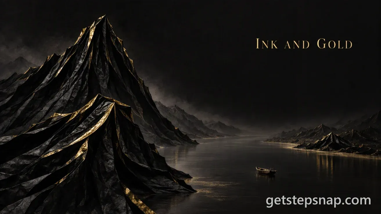 A mountain of folded black paper with gold leaf on its ridges, a small boat on a dark river, and the title INK AND GOLD. Made by GetStepSnap with MOSS Image.