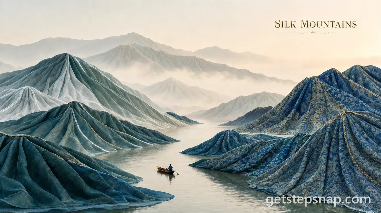 Mountains of folded blue-green silk and blue brocade with gold threads, a boatman on a misty river, and the title SILK MOUNTAINS. Made by GetStepSnap with MOSS Image.