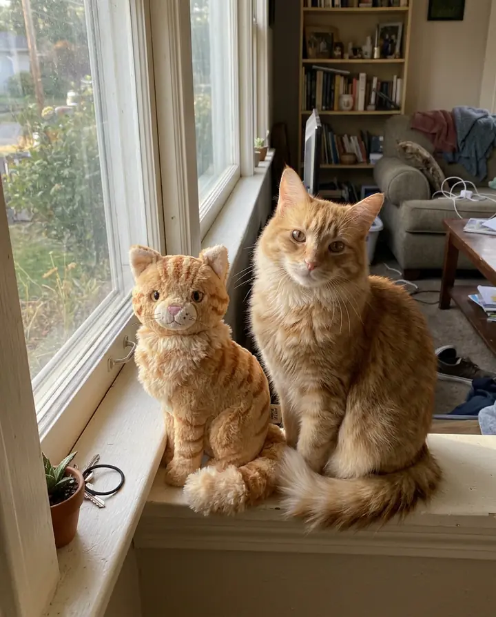 A plush toy of the orange cat sitting on the windowsill next to the real cat