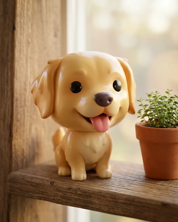 The golden retriever as a glossy vinyl toy with a big head, on a wooden shelf next to a potted plant