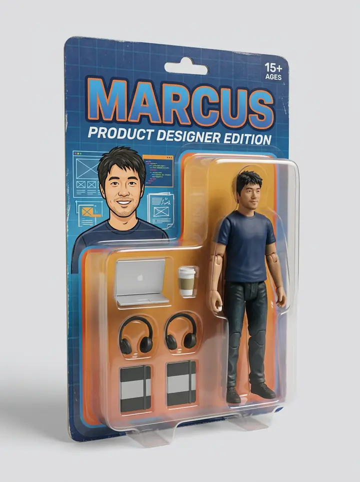 The man as an action figure in a blister pack labeled MARCUS, Product Designer Edition, with a laptop, coffee cup, headphones and notebooks