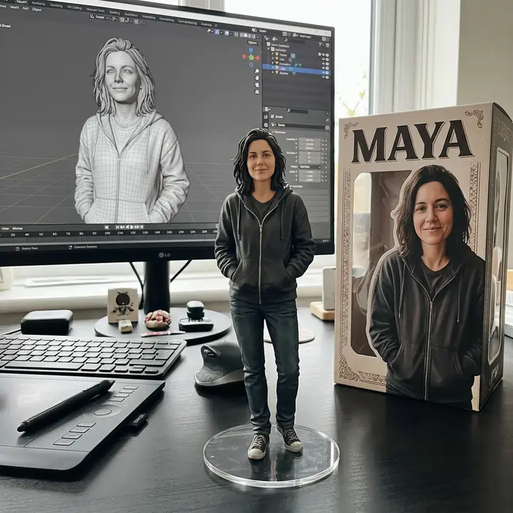 The woman as a collectible figure on a clear acrylic base, her 3D model on the monitor and a box that says MAYA