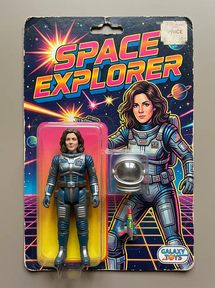 The woman as a 1980s Space Explorer action figure in a bubble pack with a helmet, on a bright retro card