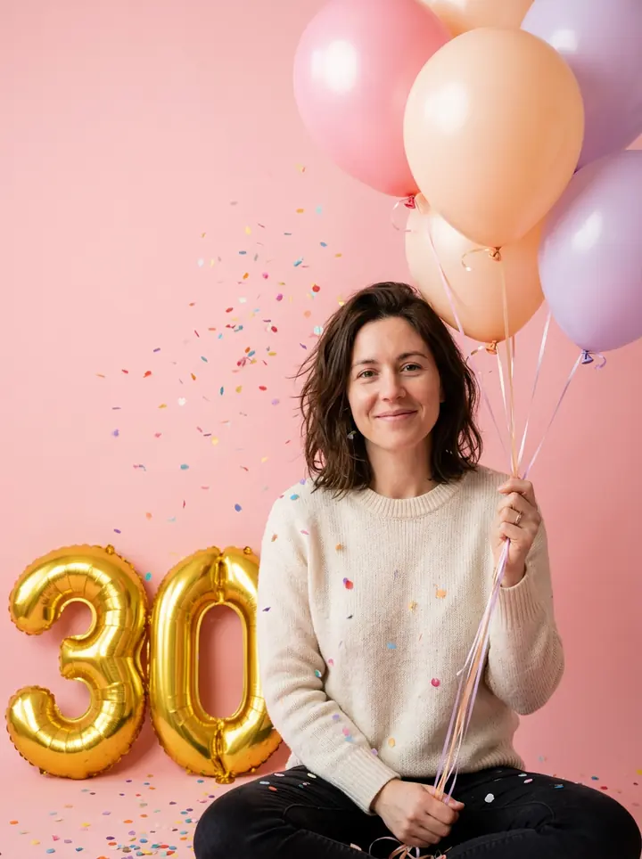The woman on a pink backdrop holding pastel balloons, with gold 3 and 0 number balloons and confetti