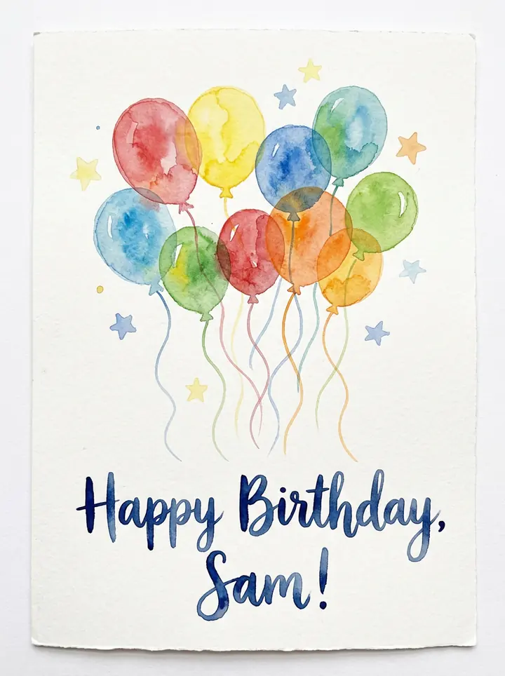 A watercolor birthday card with colorful balloons and Happy Birthday, Sam! hand-lettered in navy blue