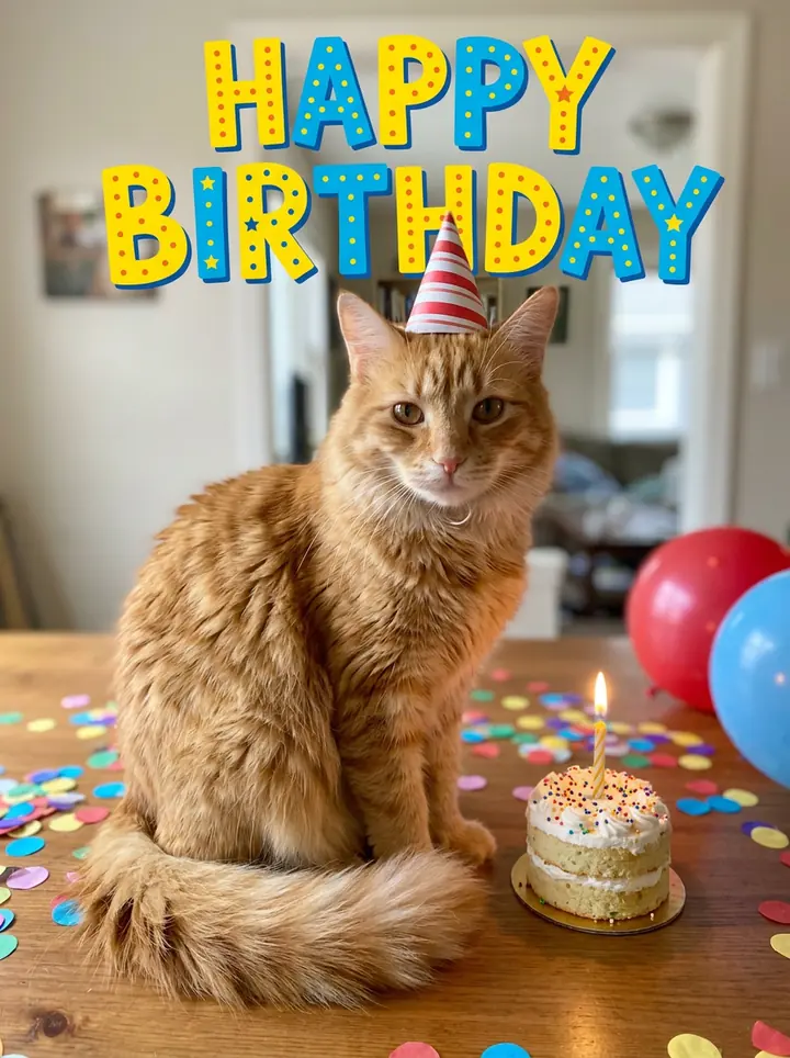 A birthday card of the orange tabby cat in a striped party hat next to a small cake, with Happy Birthday in bold letters