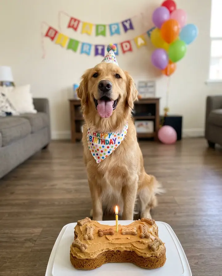 The golden retriever in a party hat and Happy Birthday bandana in front of a bone-shaped cake, with balloons and a garland