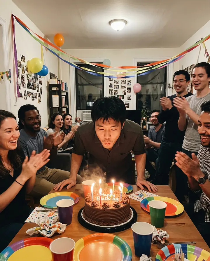 The man blowing out candles on a chocolate cake while friends around the table cheer, with streamers
