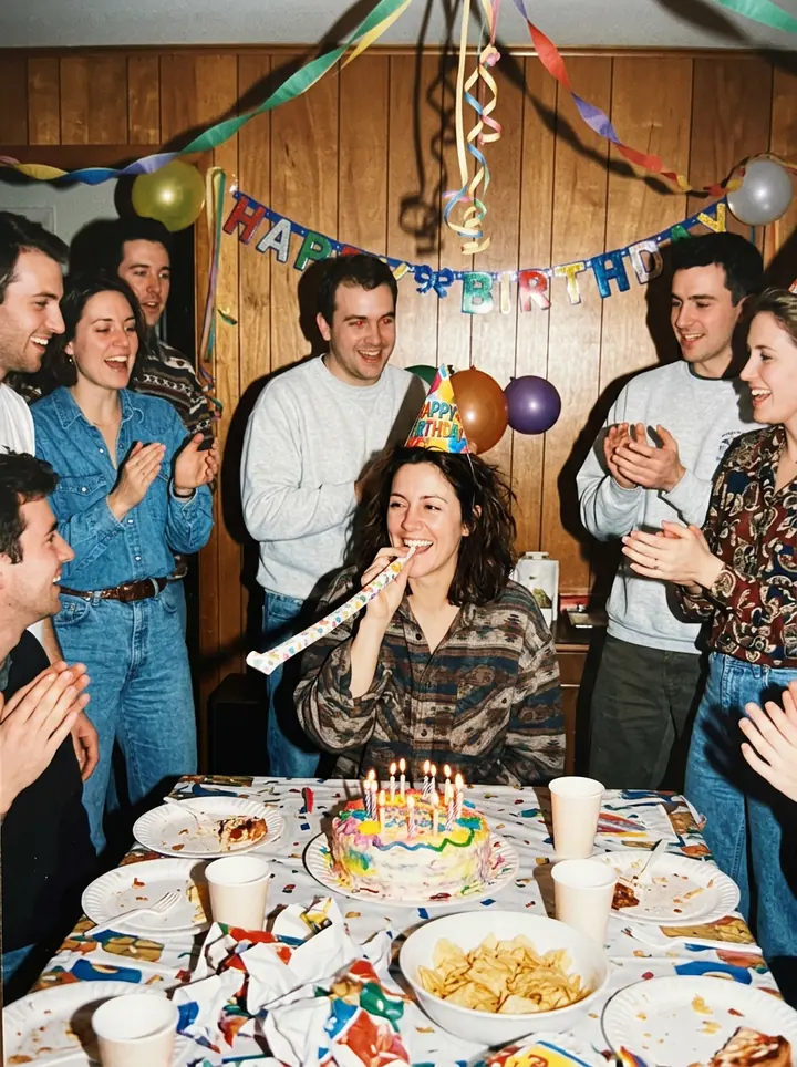 The woman in a party hat blowing a party horn at a table with a homemade cake, friends clapping around her, in faded flash film colors