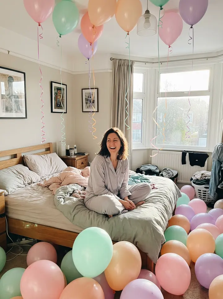 The woman laughing on her bed in pajamas, pastel balloons on the ceiling with ribbons hanging down and more across the floor