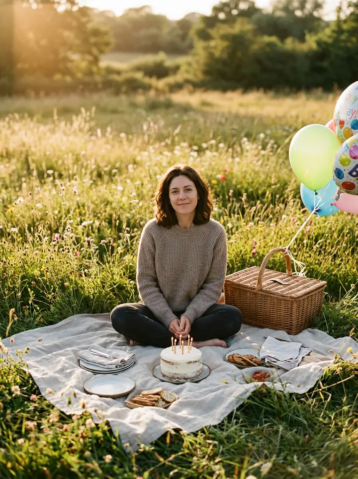 The woman on a linen blanket in a wildflower meadow at golden hour, with a small white cake with lit candles and balloons tied to a picnic basket