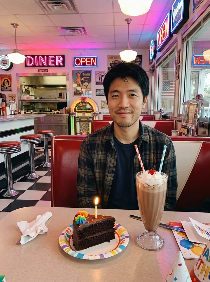 The man in a red vinyl diner booth with a chocolate milkshake and a slice of cake with one candle, neon diner signs behind him