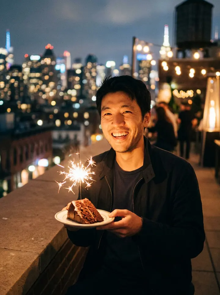 The man laughing on a rooftop at night, holding a slice of chocolate cake with a lit sparkler, city lights behind him