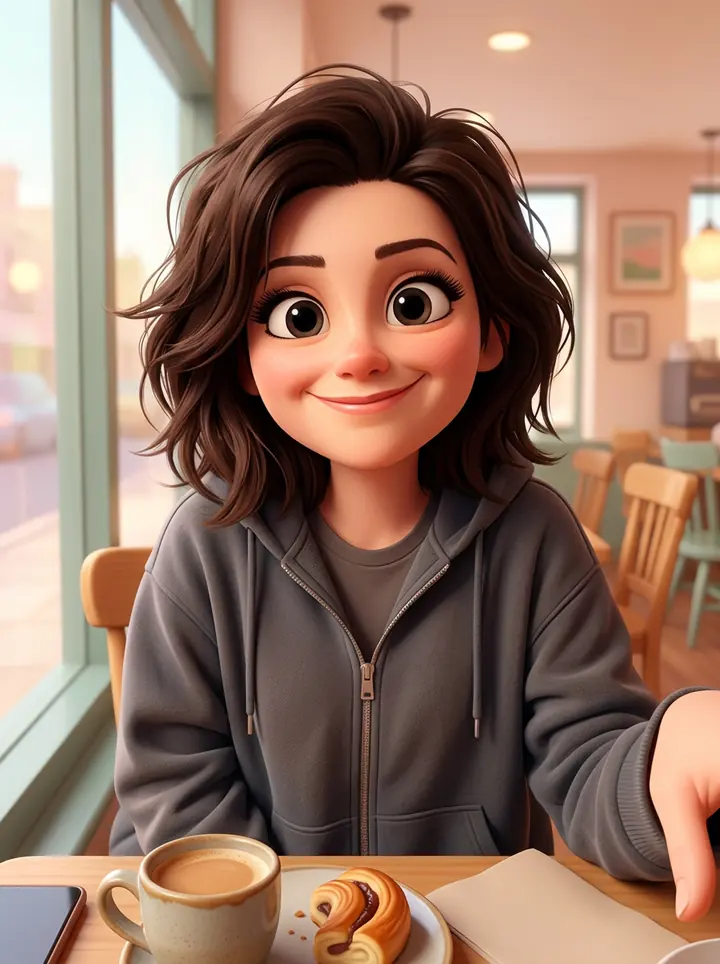 The woman as a 3D cartoon character with big eyes and wavy hair, in her gray hoodie at a cafe table