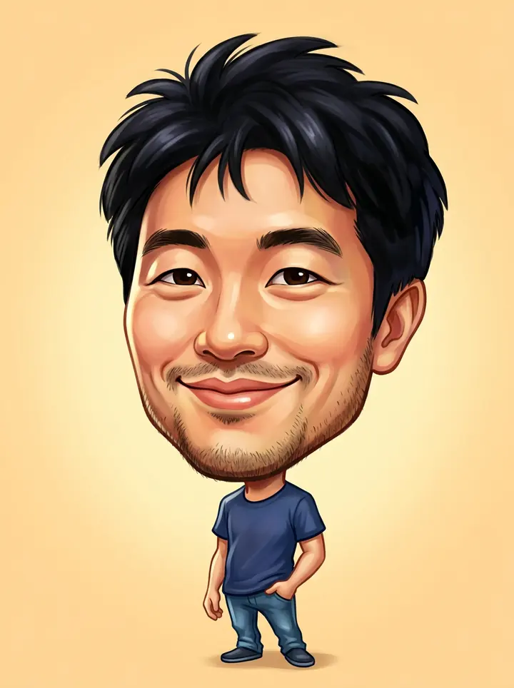 A glossy digital caricature painting of the man with a big head and a small body in a navy t-shirt and jeans, on a peach background