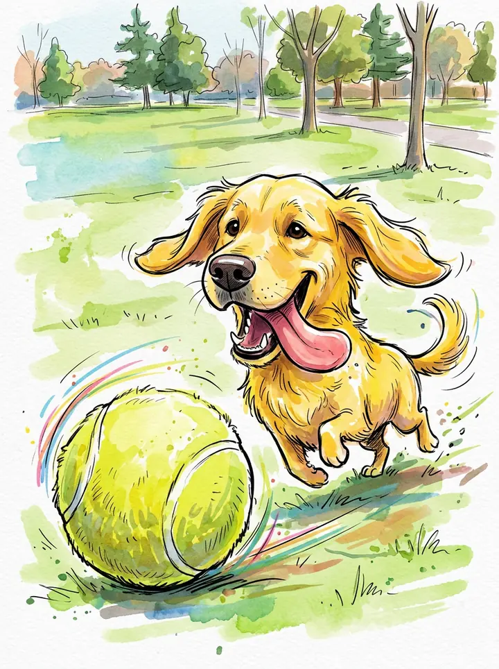 A marker and watercolor caricature of the golden retriever with flying ears and a long tongue, chasing a giant tennis ball in a park