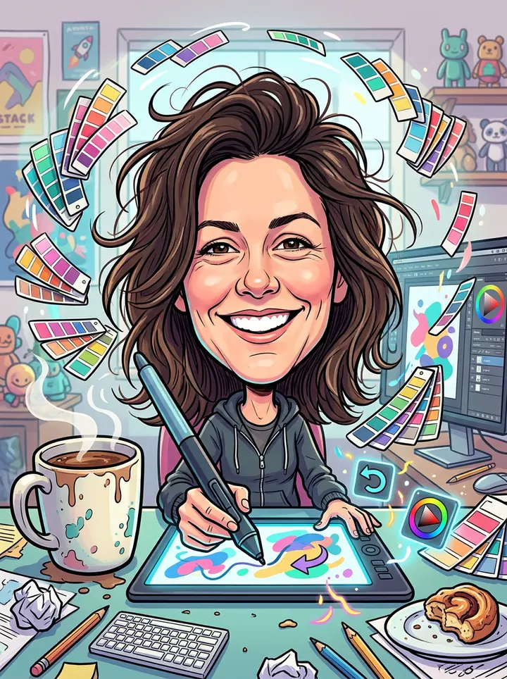A caricature of the woman as a graphic designer with a giant stylus, a huge coffee mug and color swatches flying around her desk