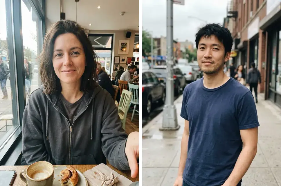 The two starting photos side by side: the woman's cafe selfie and the man's street snapshot (both made with the model)