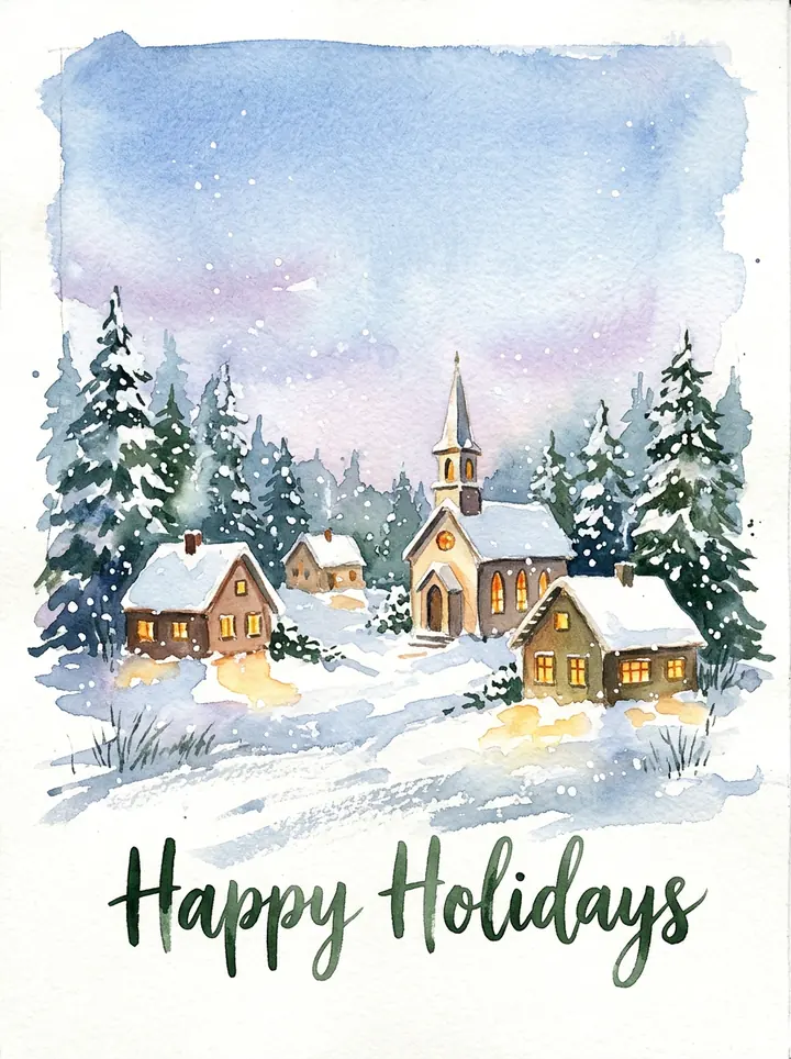 A watercolor Christmas card of a snowy village with a small church and pine trees, with Happy Holidays in dark green script
