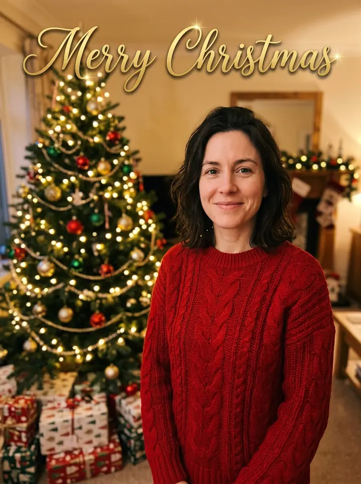 A Christmas card of the woman in a red cable-knit sweater beside a decorated tree with gifts, with Merry Christmas in gold script across the top