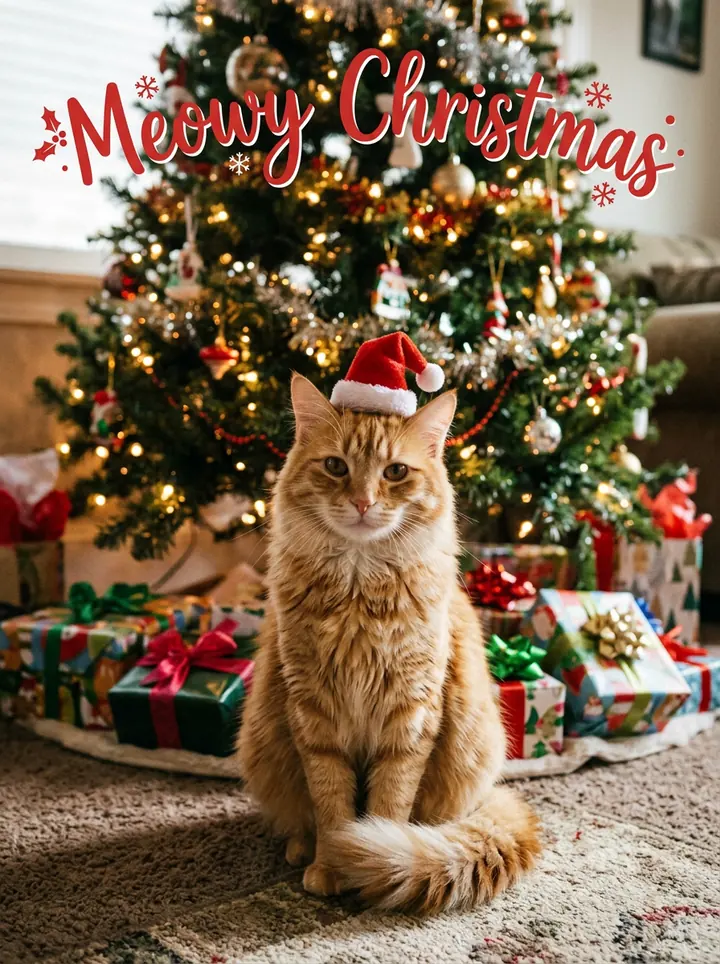 A Christmas card of the orange tabby cat in a small Santa hat under a decorated tree with presents, with Meowy Christmas in red letters