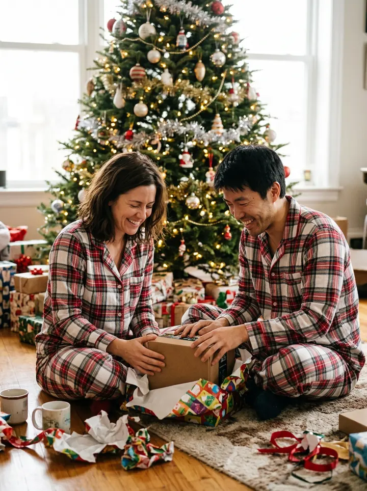 The woman and the man in matching red-and-white plaid pajamas opening a gift in front of a decorated tree