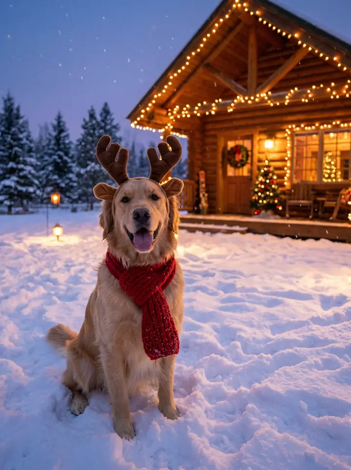The golden retriever in a reindeer antler headband and red scarf sitting in snow in front of a cabin with Christmas lights at dusk