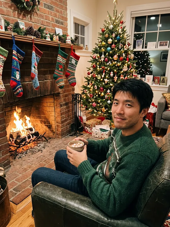 The man in a green holiday sweater in an armchair by a fireplace with stockings, holding a mug of cocoa, a lit tree behind him