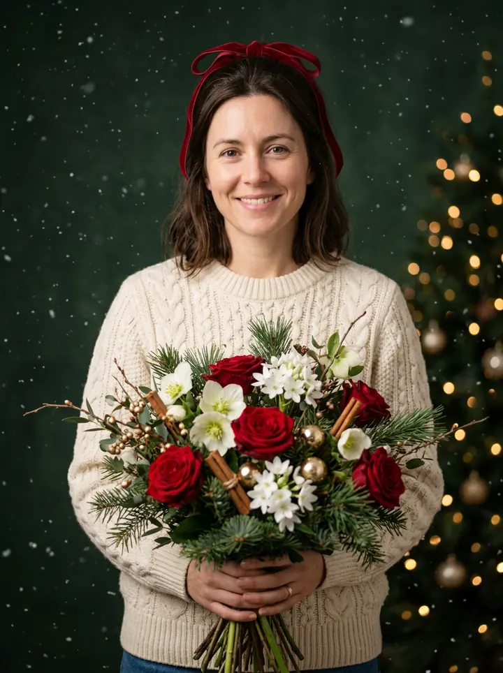 The woman in a cream knit sweater with a red velvet ribbon, holding a bouquet of red roses, white flowers, pine and gold ornaments against a dark green backdrop with falling snow