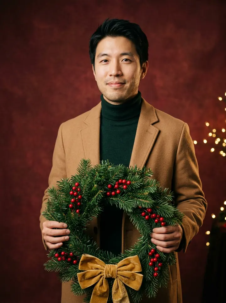 The man in a dark green turtleneck and camel coat holding a pine wreath with red berries and a gold velvet bow against a burgundy backdrop