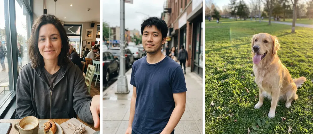 The three starting photos: the woman's cafe selfie, the man's street snapshot and a golden retriever in a park (all made with the model)