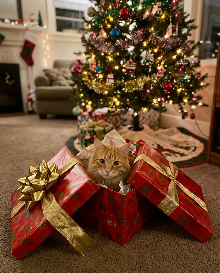 The orange tabby peeking out of an open red gift box with a gold bow under a lit Christmas tree